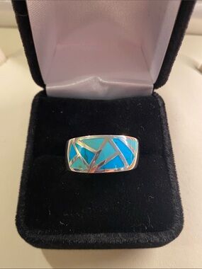 Vintage Sterling Silver Genuine Turquoise Mosaic Inlay Ring Size 8.5